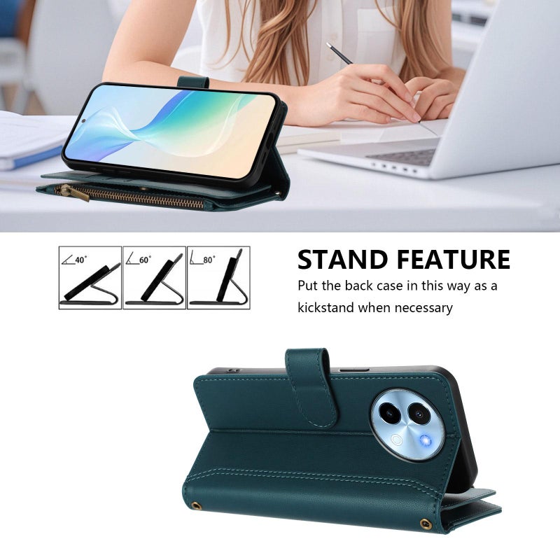 HuHa Case Cover For vivo Y38 5G Global / T3X 5G Global Magnetic Closure 9 Card Slots Zipper Leather Case with Hand Strap(Dark Green) - Image 4