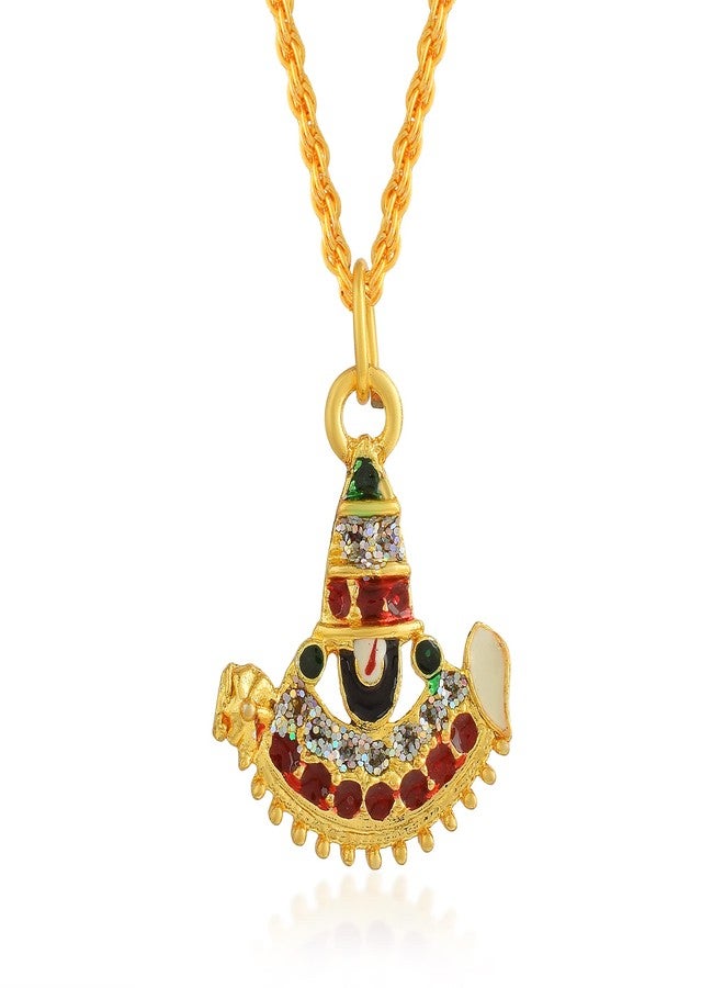 morir Brass Metal Gold Plated Colourful Tirupati Balaji Sri Venkateswara Spiritual Pendant With Chain Necklace Jewellery For Unisex - Image 1