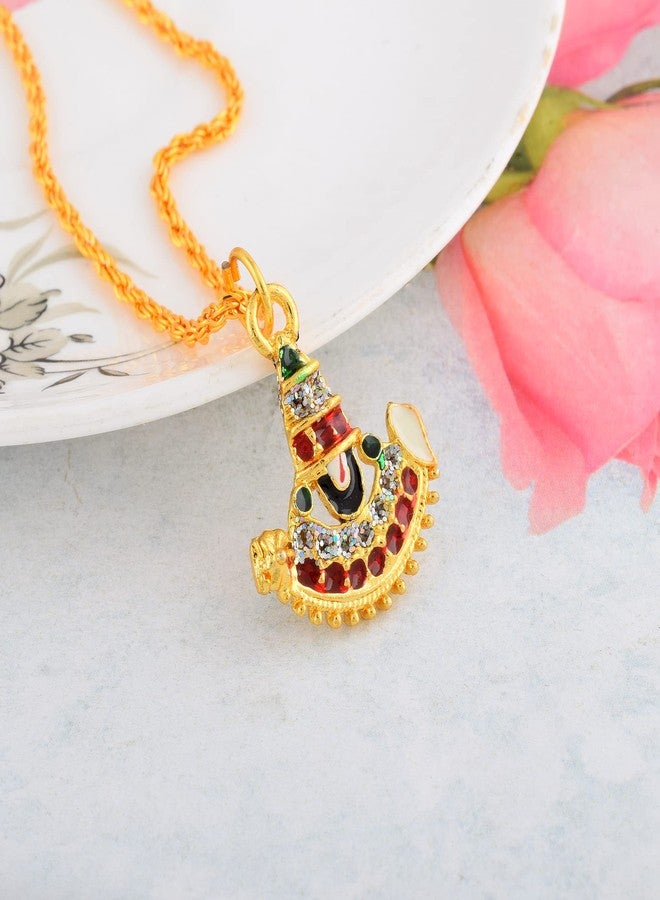 morir Brass Metal Gold Plated Colourful Tirupati Balaji Sri Venkateswara Spiritual Pendant With Chain Necklace Jewellery For Unisex - Image 4