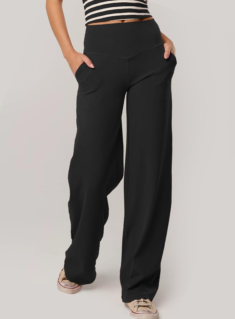 Darong Wide Leg Pants Woman Yoga Pants with Pockets Stretch Loose Casual Lounge Workout Pants Regular 9124B Black S - Image 5