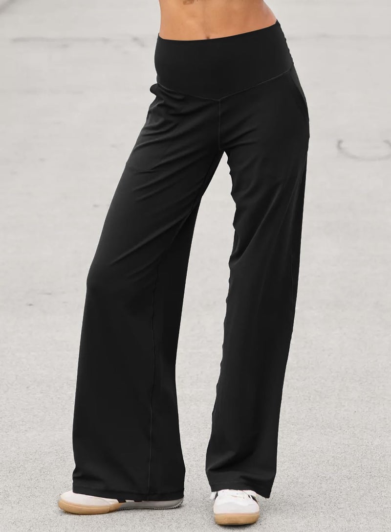 Darong Wide Leg Pants Woman Yoga Pants with Pockets Stretch Loose Casual Lounge Workout Pants Regular 9124B Black S - Image 3