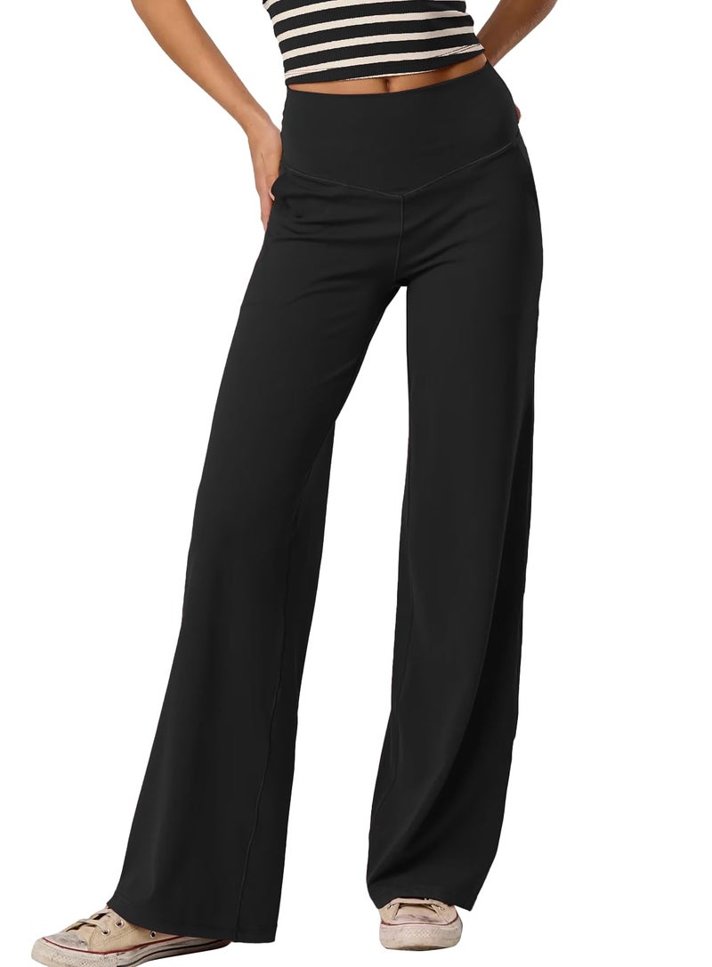 Darong Wide Leg Pants Woman Yoga Pants with Pockets Stretch Loose Casual Lounge Workout Pants Regular 9124B Black S - Image 1