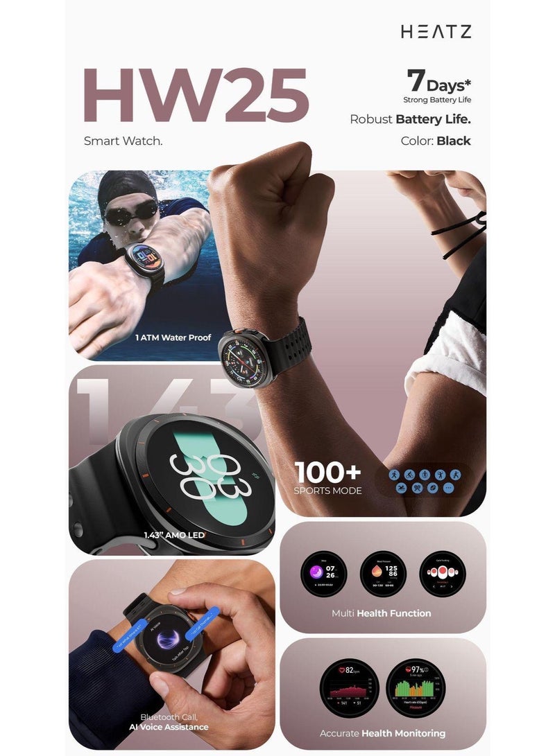 HEATZ HW25 Smartwatch with Bluetooth Calling, 1.43” AMOLED Display, AI Voice Assistant, 123 Sports Modes, Health Monitoring, 400mAh Battery, 1ATM Water Resistant - Black - Image 2