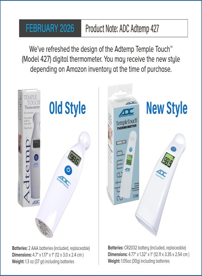 ادس مقياس حرارة رقمي ADC Temple Touch لقياس درجة الحرارة، غير جراحي وسريع القراءة، مناسب للأطفال الرضع وحديثي الولادة والأطفال والبالغين، Adtemp 427، أبيض (قد يختلف شكل العبوة) - Image 3