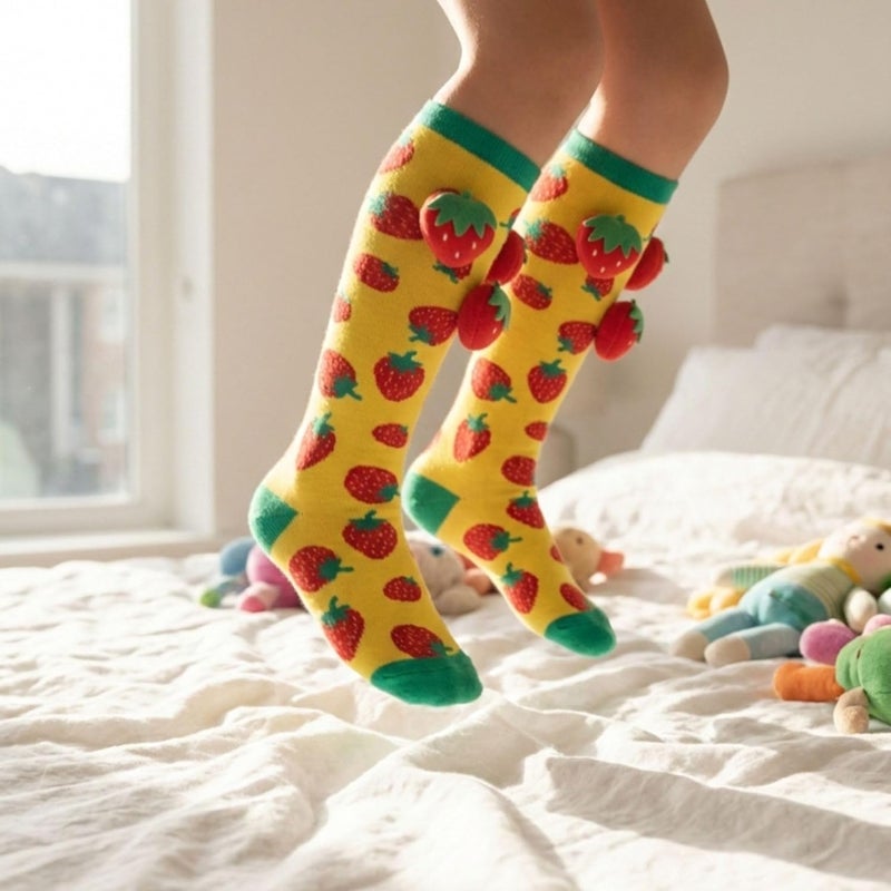 Glitters Funky 3D High Socks for Kids & Teens - Colorful Novelty Knee-High Socks with Plush Strawberry Design - Image 3