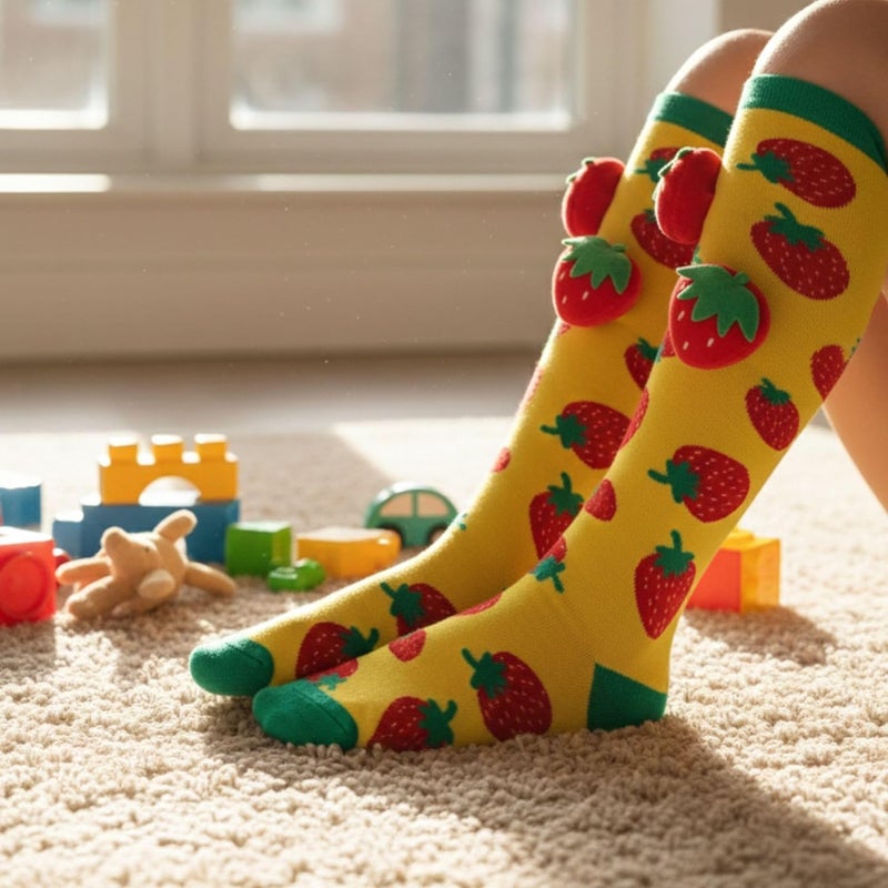 Glitters Funky 3D High Socks for Kids & Teens - Colorful Novelty Knee-High Socks with Plush Strawberry Design - Image 2