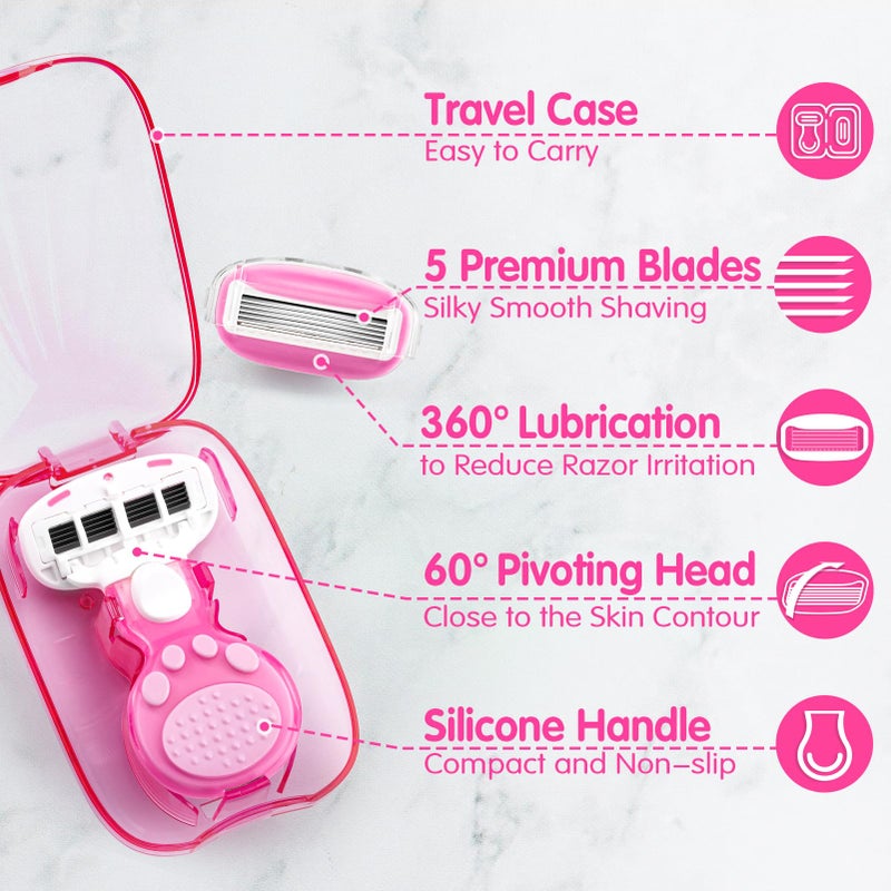 DreamGenius Travel Razors for Women, Travel Size Toiletries Include 1 Handle and 2 Cartridges, Extra Smooth 5-Blade Travel Essentials Razor with Case for Shaving, Pink - Image 4
