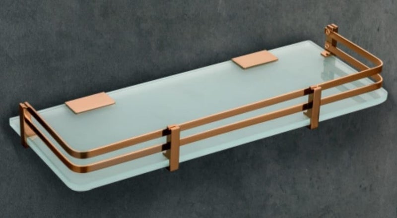 INOCI Earth Series Rose Gold Finish 12x6 Rectangular Glass Shelf with Golden Frame for Bathroom and Bedroom  - Image 3