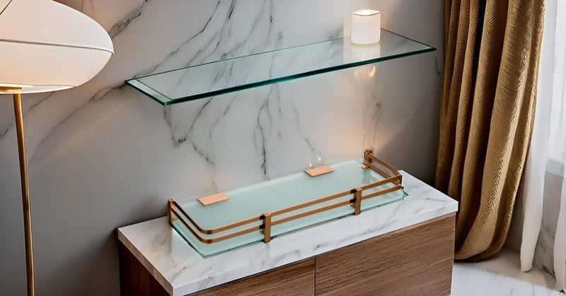 INOCI Earth Series Rose Gold Finish 12x6 Rectangular Glass Shelf with Golden Frame for Bathroom and Bedroom  - Image 4