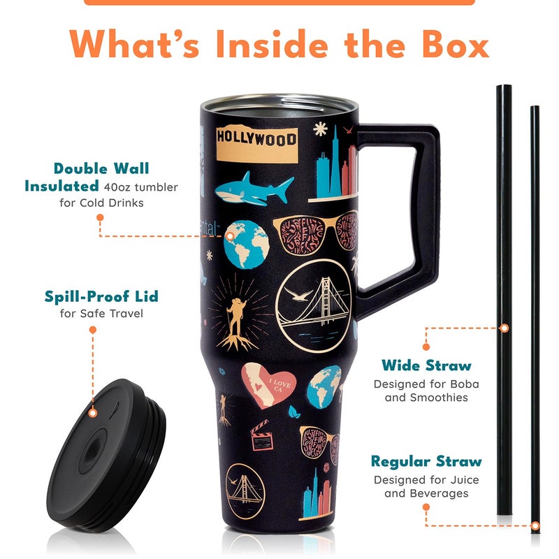 Elemental 40 oz Tumbler with Handle and Straw - Spill Proof Insulated Stainless Steel Commuter for Cold Beverages - Travel Coffee Mug with 2 Straws & Spill Proof Lid - 40oz-California Dreaming - Image 3