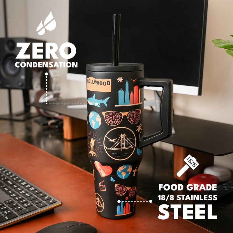 Elemental 40 oz Tumbler with Handle and Straw - Spill Proof Insulated Stainless Steel Commuter for Cold Beverages - Travel Coffee Mug with 2 Straws & Spill Proof Lid - 40oz-California Dreaming - Image 5