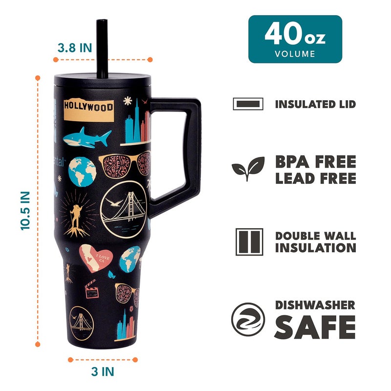 Elemental 40 oz Tumbler with Handle and Straw - Spill Proof Insulated Stainless Steel Commuter for Cold Beverages - Travel Coffee Mug with 2 Straws & Spill Proof Lid - 40oz-California Dreaming - Image 2