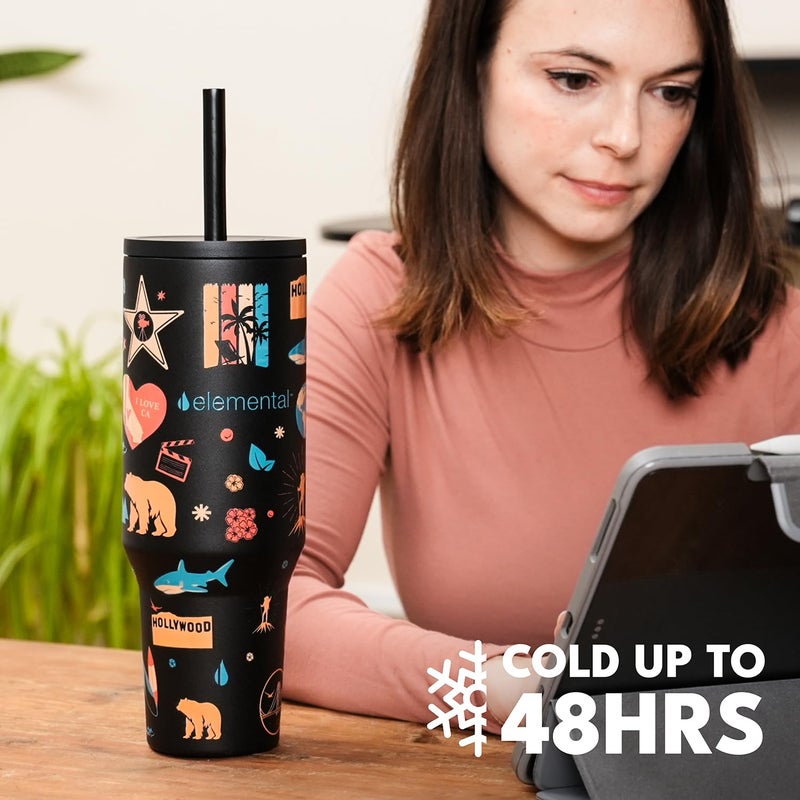 Elemental 40 oz Tumbler with Handle and Straw - Spill Proof Insulated Stainless Steel Commuter for Cold Beverages - Travel Coffee Mug with 2 Straws & Spill Proof Lid - 40oz-California Dreaming - Image 4