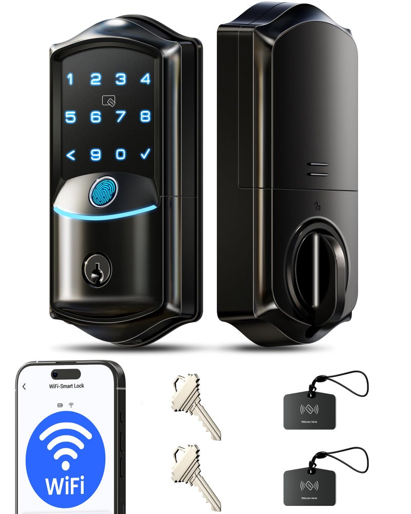 Veise VE027 Built-in Wi-Fi Smart Lock, Fingerprint Keyless Entry Front Door Lock, App Remote & Voice Control, No Hub Needed, Touchscreen Keypad Deadbolt, IP65 Waterproof, BHMA Grade 3, Matte Black - Image 1