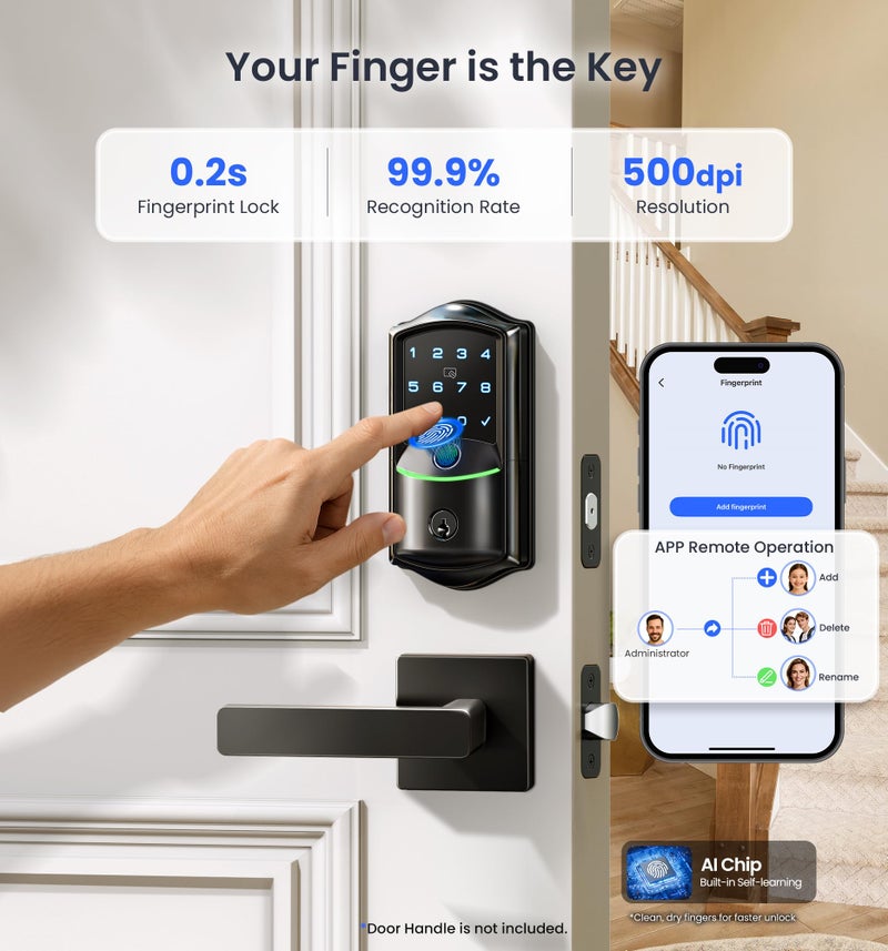 Veise VE027 Built-in Wi-Fi Smart Lock, Fingerprint Keyless Entry Front Door Lock, App Remote & Voice Control, No Hub Needed, Touchscreen Keypad Deadbolt, IP65 Waterproof, BHMA Grade 3, Matte Black - Image 4