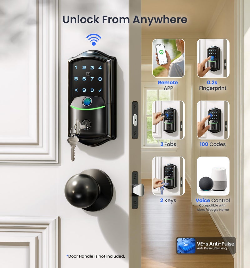 Veise VE027 Built-in Wi-Fi Smart Lock, Fingerprint Keyless Entry Front Door Lock, App Remote & Voice Control, No Hub Needed, Touchscreen Keypad Deadbolt, IP65 Waterproof, BHMA Grade 3, Matte Black - Image 3