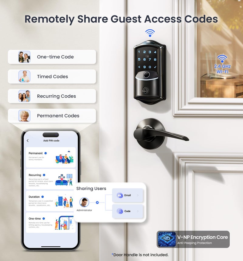 Veise VE027 Built-in Wi-Fi Smart Lock, Fingerprint Keyless Entry Front Door Lock, App Remote & Voice Control, No Hub Needed, Touchscreen Keypad Deadbolt, IP65 Waterproof, BHMA Grade 3, Matte Black - Image 5