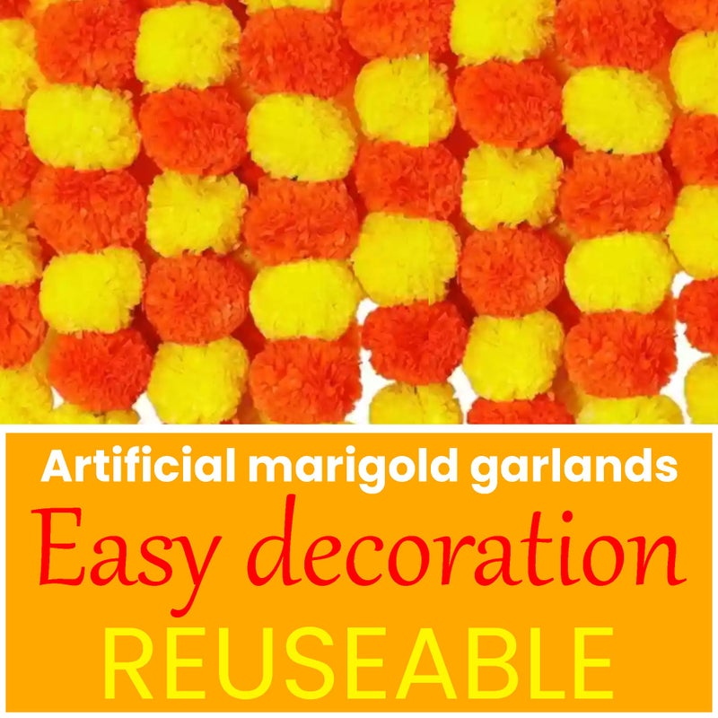 pop colours Artificial Marigold Flower Toran | Door Hanging Garland with Bells | Orange and Yellow, Traditional Decoration | Hangings for Home Office Decoration - Image 4