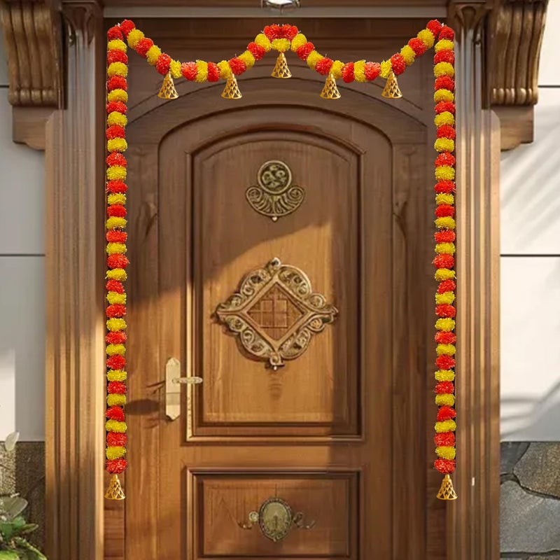 pop colours Artificial Marigold Flower Toran | Door Hanging Garland with Bells | Orange and Yellow, Traditional Decoration | Hangings for Home Office Decoration - Image 2