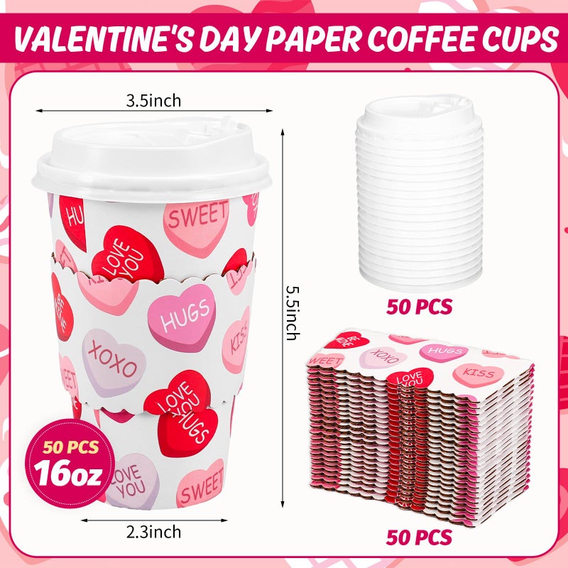 Whaline 50Pcs 16Oz Valentine' s Day Disposable Coffee Cups with Lids and Sleeves Red Pink Conversation Heart Paper Drinking Cup for Wedding Anniversary Mother' s Day Party Supplies - Image 2