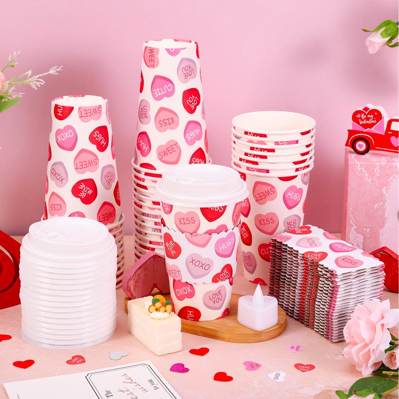 Whaline 50Pcs 16Oz Valentine' s Day Disposable Coffee Cups with Lids and Sleeves Red Pink Conversation Heart Paper Drinking Cup for Wedding Anniversary Mother' s Day Party Supplies - Image 4
