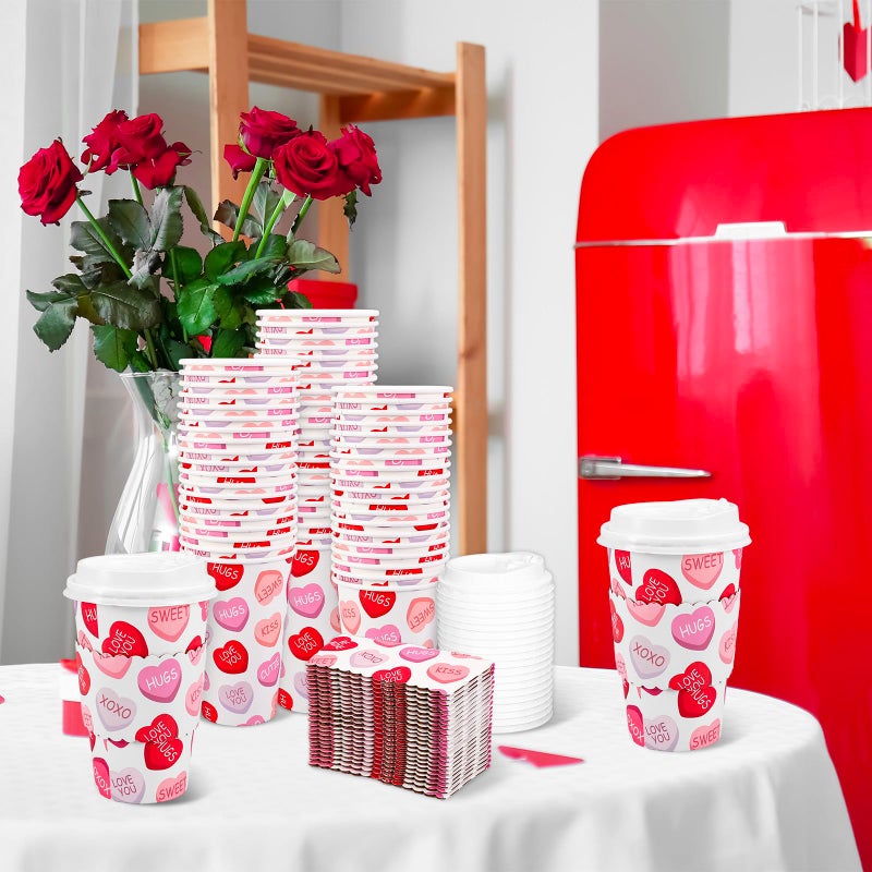 Whaline 50Pcs 16Oz Valentine' s Day Disposable Coffee Cups with Lids and Sleeves Red Pink Conversation Heart Paper Drinking Cup for Wedding Anniversary Mother' s Day Party Supplies - Image 5