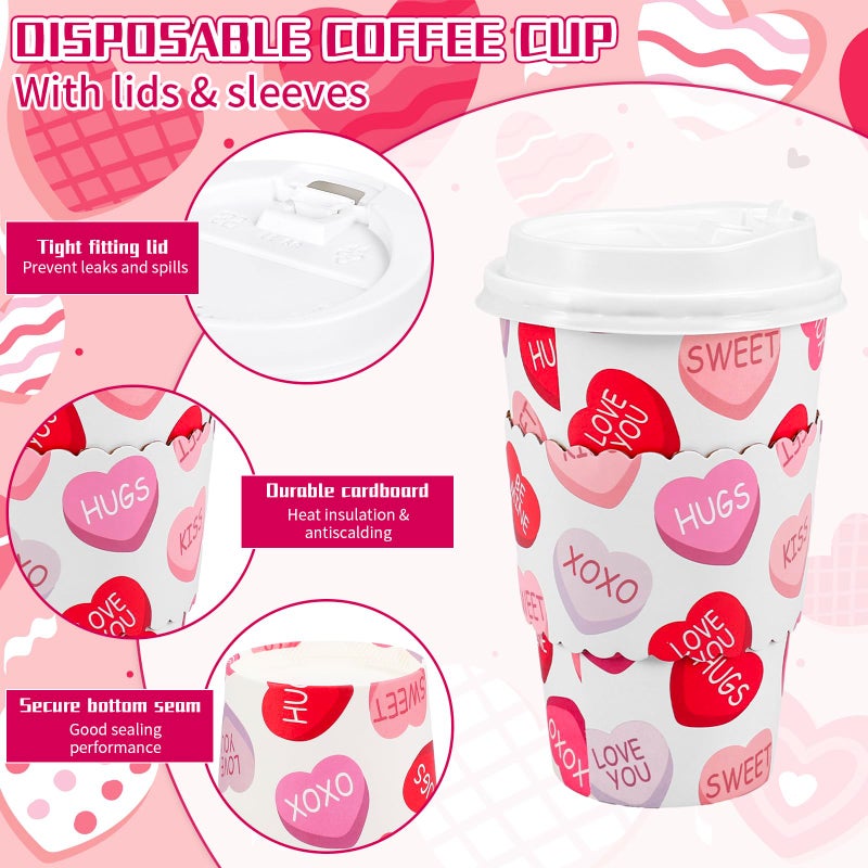 Whaline 50Pcs 16Oz Valentine' s Day Disposable Coffee Cups with Lids and Sleeves Red Pink Conversation Heart Paper Drinking Cup for Wedding Anniversary Mother' s Day Party Supplies - Image 3