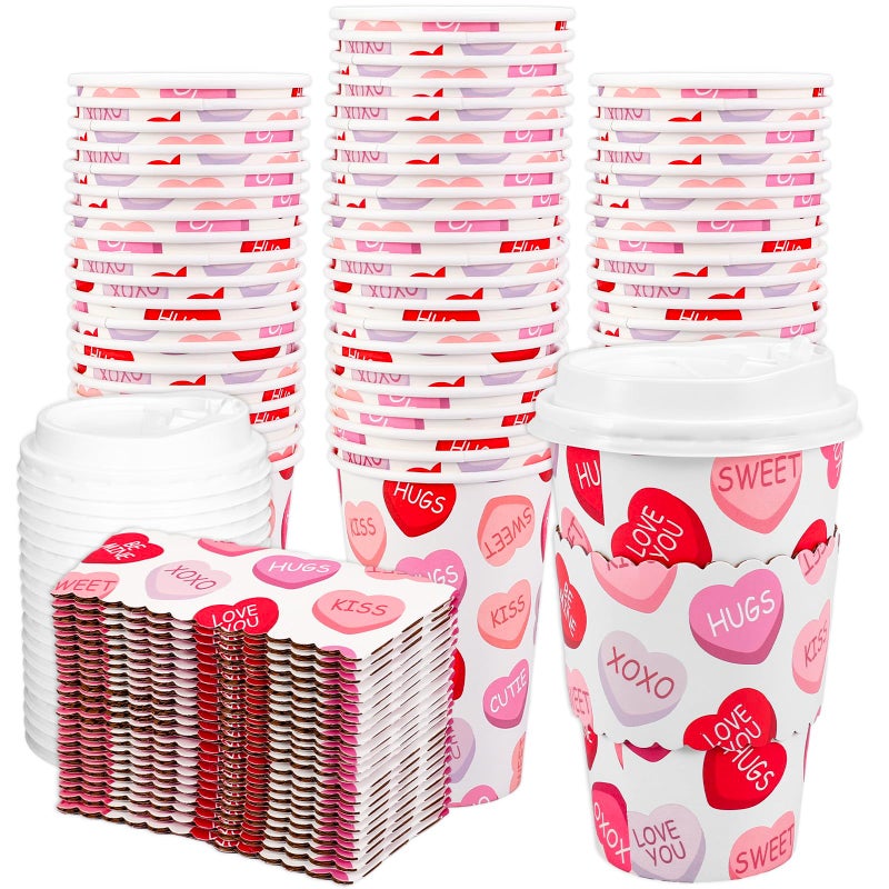 Whaline 50Pcs 16Oz Valentine' s Day Disposable Coffee Cups with Lids and Sleeves Red Pink Conversation Heart Paper Drinking Cup for Wedding Anniversary Mother' s Day Party Supplies - Image 1