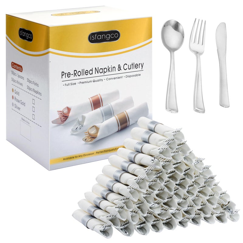 ISFANGCO 50 Pack Pre Rolled Silver Plastic Silverware Set with NapkinsDisposable Wrapped Heavy Duty Cutlery Set for Wedding Birthday Party50 ForksKnivesSpoonsNapkinsUtensils SetPlasticware Bulk