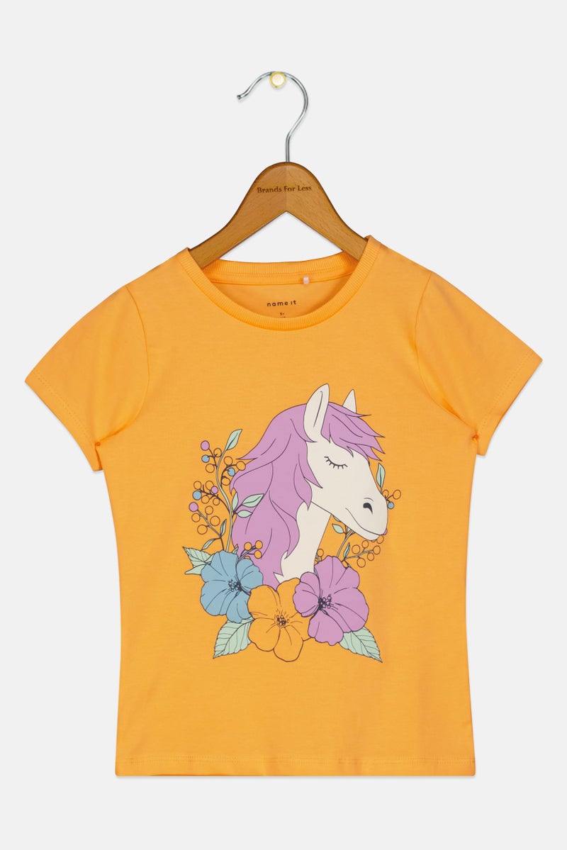 NAME IT Kids Girl Crew Neck Graphic Print Short Sleeve T-Shirt, Orange - Image 2