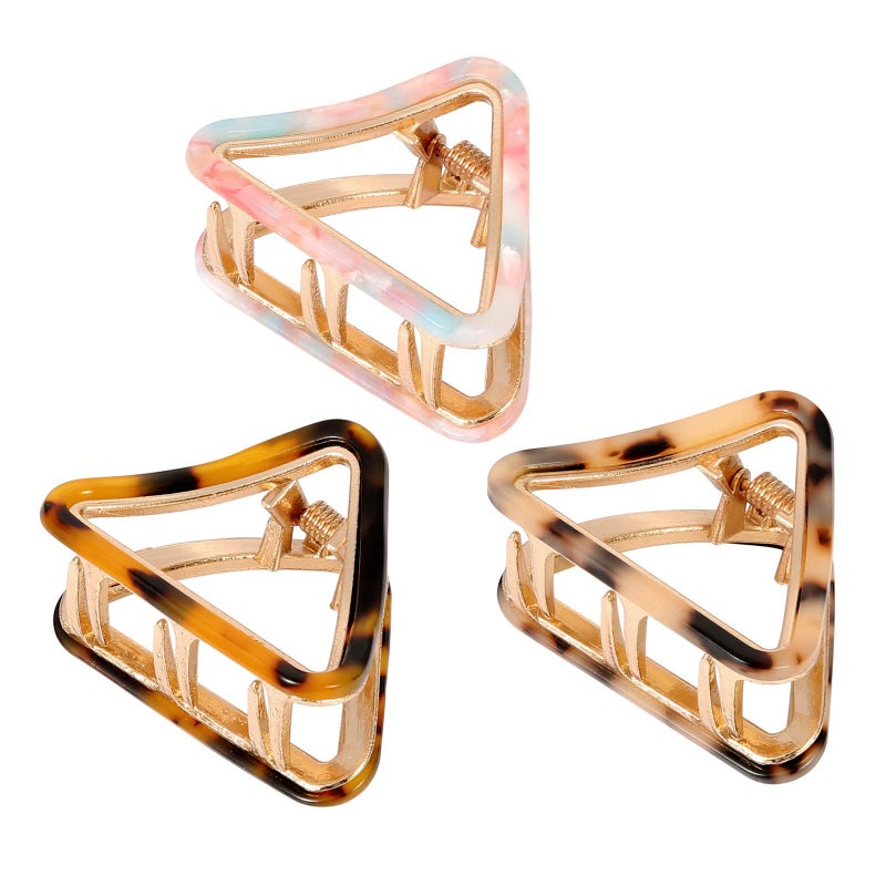 Cobahom 3 Pack Small Hair Claw Clips 2 inch Acetate Hair Jaw Clips 3 Colors Set Fashion Hollow Triangle Hair Clips for Women Girls 1 Pink and 2 Tortoiseshell