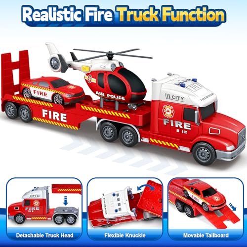 spring flower SpringFlower Toddler Boys Toys 3 4 5 Large Fire Truck Toys with Lights Sounds Truck Car with Racing Car and Helicopter Semi Vehicle Brithday for 3 4 5 6 7 Boys Girls - Image 5