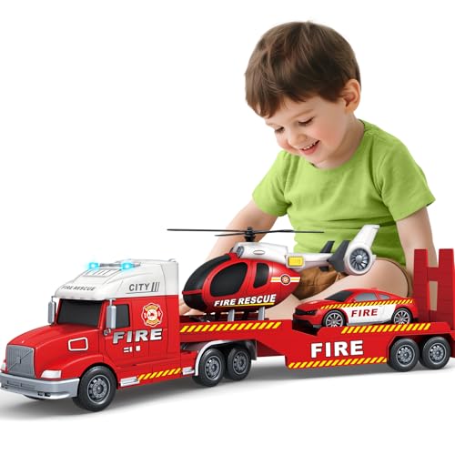 spring flower SpringFlower Toddler Boys Toys 3 4 5 Large Fire Truck Toys with Lights Sounds Truck Car with Racing Car and Helicopter Semi Vehicle Brithday for 3 4 5 6 7 Boys Girls - Image 1