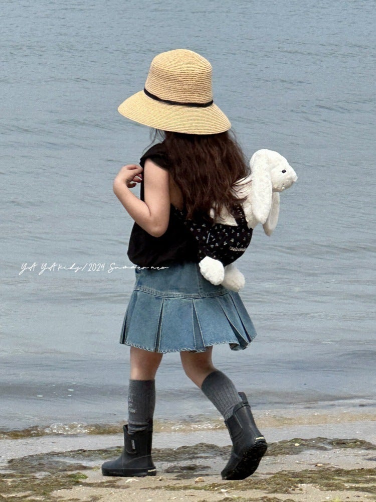 Girl'S Denim Skirt 2024 Children'S Niche Skirt Little Girl'S Elegant Pleated Skirt Skirt - Image 1