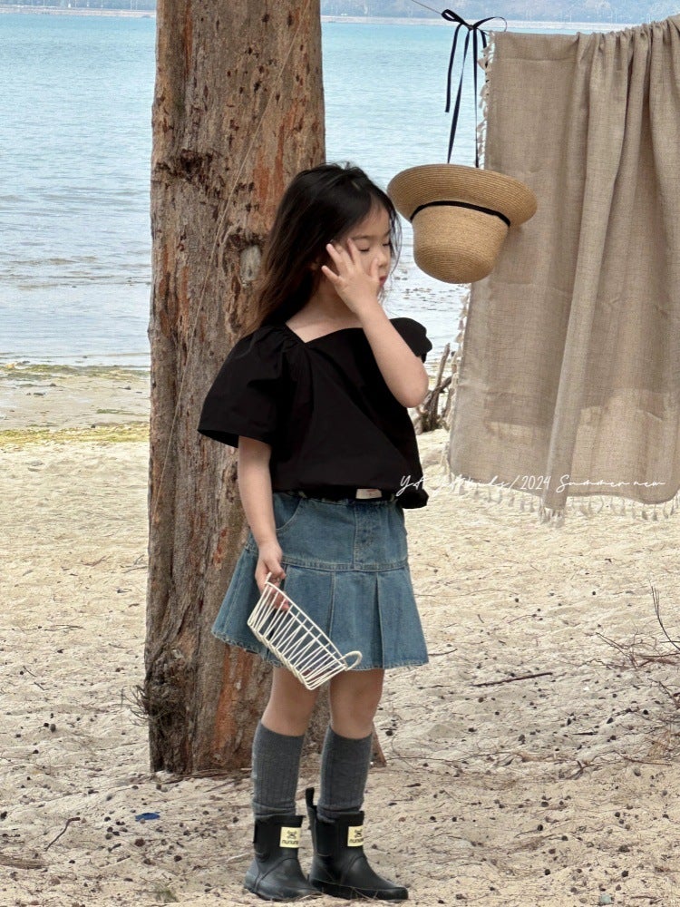 Girl'S Denim Skirt 2024 Children'S Niche Skirt Little Girl'S Elegant Pleated Skirt Skirt - Image 3