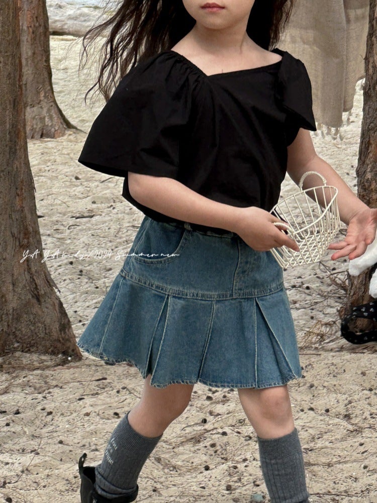 Girl'S Denim Skirt 2024 Children'S Niche Skirt Little Girl'S Elegant Pleated Skirt Skirt - Image 4