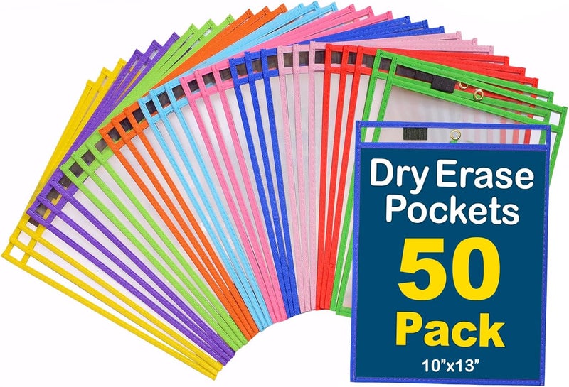 Bonbela Dry Erase Pockets 50 Pack - 10 x 13 Reusable Dry Erase Pocket Sleeves for Work & School Worksheets - Heavy Duty Clear Pocket Sleeves - Quickly Wipe to a Flawless Clean (Multicolor) - Image 1