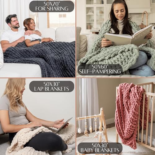 SAMIAH LUXE Chunky Knit Blanket Throw 50x60", Cream Chenille Chunky Knit Throw Blanket for Living Room Decor or Boho Decor, Thick Yarn Knitted Blankets for Couch or Bed, Cable Knitted Crochet Blankets - Image 3