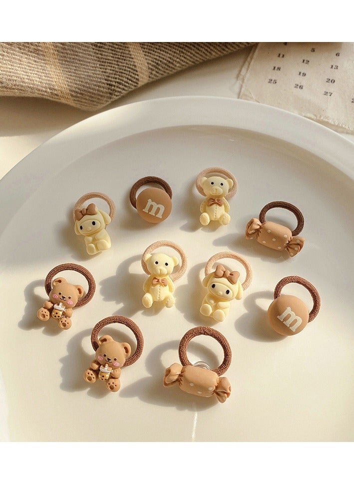 SHIXIN 50 pieces of fashionable milk coffee color children's cartoon hair ropes that do not hurt the hair. Big pack of 50 macaron color hair rings for children, hair accessories for little girls, new rubber band headdresses (random styles and colors) in large quantity, safe and durable  - Image 3