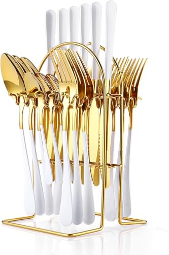 ARTEK 24 Pieces Flatware Set, Stainless Steel Cutlery Set with Silverware Holder, Modern Gold Silverware Set Includes Dinner Knives Forks Spoons,Hanging Silverware (White) - Image 1