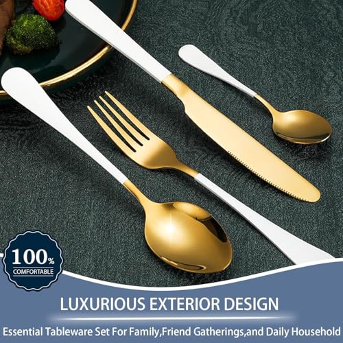 ARTEK 24 Pieces Flatware Set, Stainless Steel Cutlery Set with Silverware Holder, Modern Gold Silverware Set Includes Dinner Knives Forks Spoons,Hanging Silverware (White) - Image 5