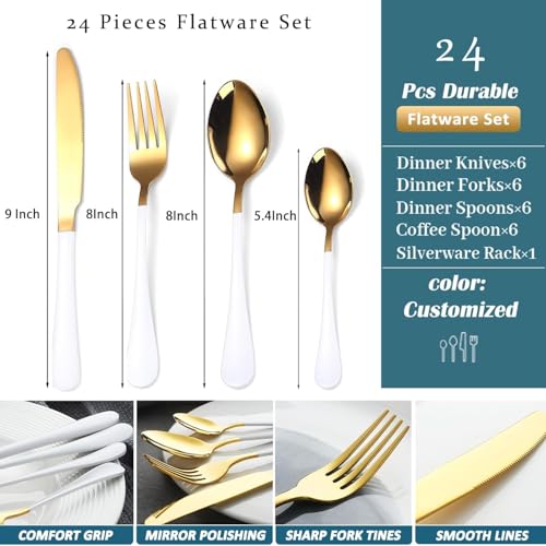 ARTEK 24 Pieces Flatware Set, Stainless Steel Cutlery Set with Silverware Holder, Modern Gold Silverware Set Includes Dinner Knives Forks Spoons,Hanging Silverware (White) - Image 3