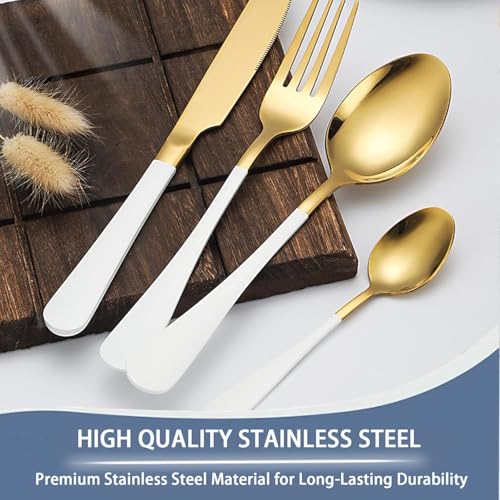 ARTEK 24 Pieces Flatware Set, Stainless Steel Cutlery Set with Silverware Holder, Modern Gold Silverware Set Includes Dinner Knives Forks Spoons,Hanging Silverware (White) - Image 2