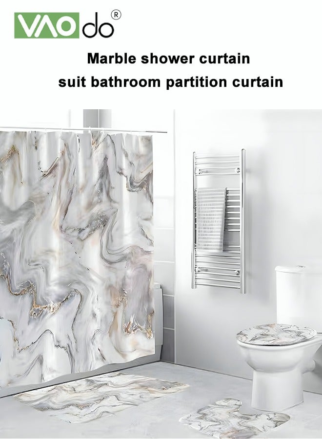 VAOdo 4PCS Printed Shower Curtain Set Polyester Material Golden Black Marble Pattern Thickened Shower Curtain Set Includes Floor Mat Toilet Seat Cover Anti-skid Pad At The Bottom of Toilet Ring and Shower C  - Image 2
