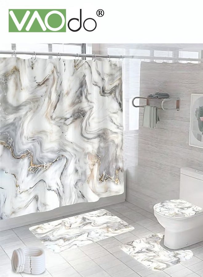VAOdo 4PCS Printed Shower Curtain Set Polyester Material Golden Black Marble Pattern Thickened Shower Curtain Set Includes Floor Mat Toilet Seat Cover Anti-skid Pad At The Bottom of Toilet Ring and Shower C  - Image 1