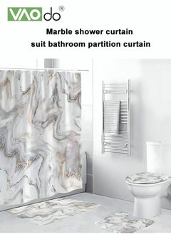 VAOdo 4PCS Printed Shower Curtain Set Polyester Material Golden Black Marble Pattern Thickened Shower Curtain Set Includes Floor Mat Toilet Seat Cover Anti-skid Pad At The Bottom of Toilet Ring and Shower C  - Image 2