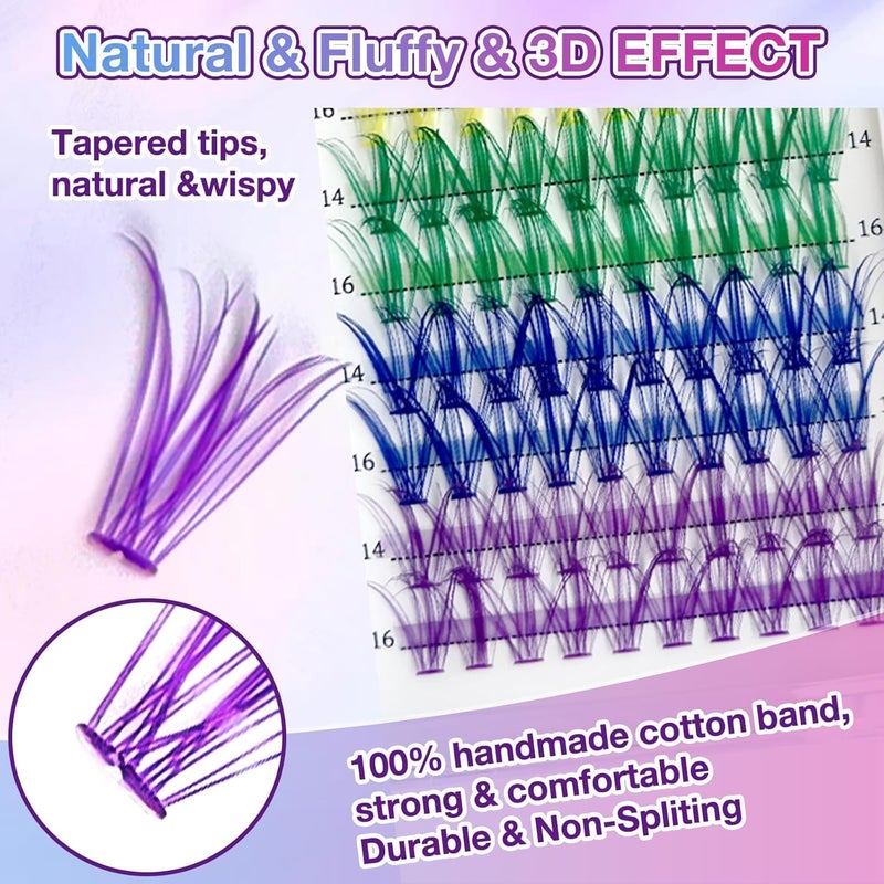 KASTWAVE Colored Lash Extension Kit 120 Pcs - DIY Rainbow Cluster Lashes in 6 Colors,14mm 16mm Mixed, Soft False D Curl Eyelashes Rainbow Colorful Cluster Lashes Reusable - Image 2