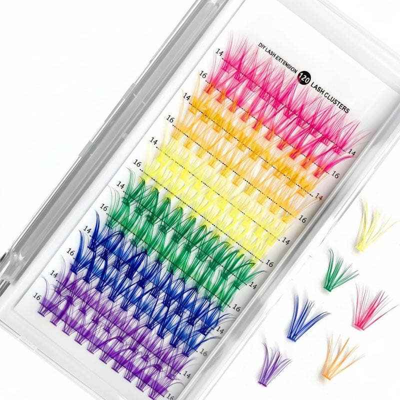 KASTWAVE Colored Lash Extension Kit 120 Pcs - DIY Rainbow Cluster Lashes in 6 Colors,14mm 16mm Mixed, Soft False D Curl Eyelashes Rainbow Colorful Cluster Lashes Reusable - Image 1