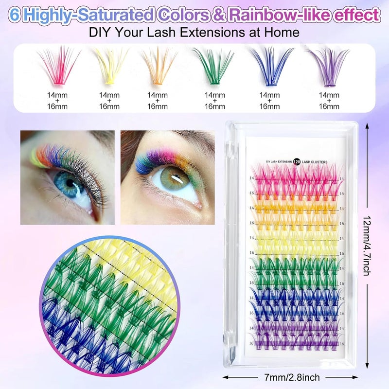 KASTWAVE Colored Lash Extension Kit 120 Pcs - DIY Rainbow Cluster Lashes in 6 Colors,14mm 16mm Mixed, Soft False D Curl Eyelashes Rainbow Colorful Cluster Lashes Reusable - Image 3