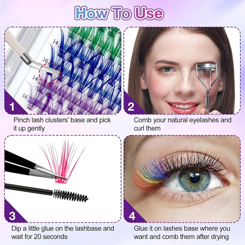 KASTWAVE Colored Lash Extension Kit 120 Pcs - DIY Rainbow Cluster Lashes in 6 Colors,14mm 16mm Mixed, Soft False D Curl Eyelashes Rainbow Colorful Cluster Lashes Reusable - Image 5
